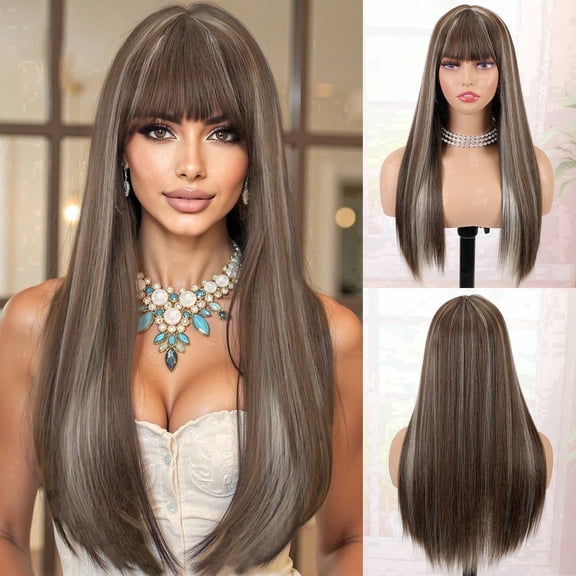 PHOCAS 23 Inch Long Dark Brown Straight Wigs With Bangs Long Brown Mixed Blonde Highlights Synthetic Layered Wigs for Women Daily Use