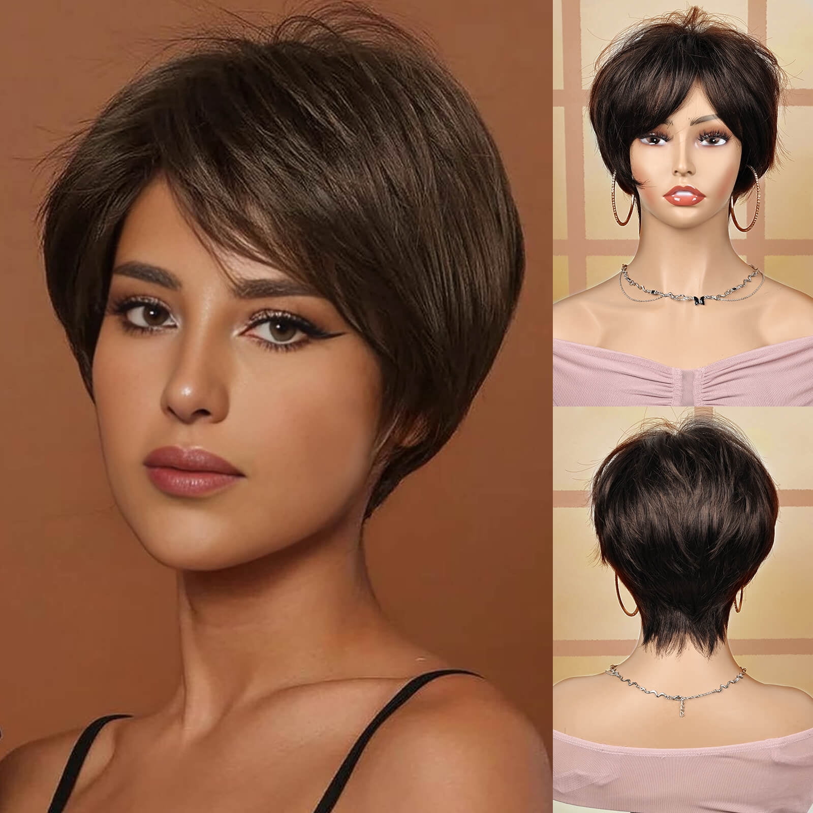 PHOCAS Black Cherry Short Pixie Wigs for Women Synthetic Black Short Wigs with Bangs Wefted Wig Caps
