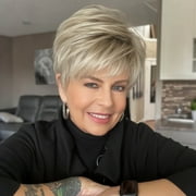 PHOCAS Short Blonde Wigs for Women Highlight Layered Pixie Cut Wig with Bangs