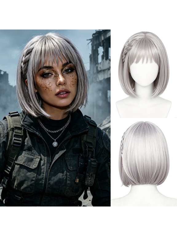 Short White Grey Bob Wig with Bangs for Women - 9 Inch Synthetic Cosplay Hair for Halloween Party & Daily Wear