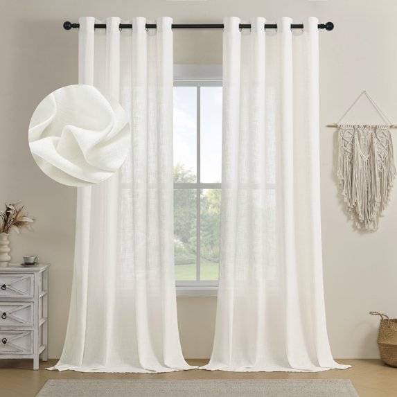 PHOENIGON Polyester Linen Textured Light Filtering Semi-Sheer Grommet Curtain Pair