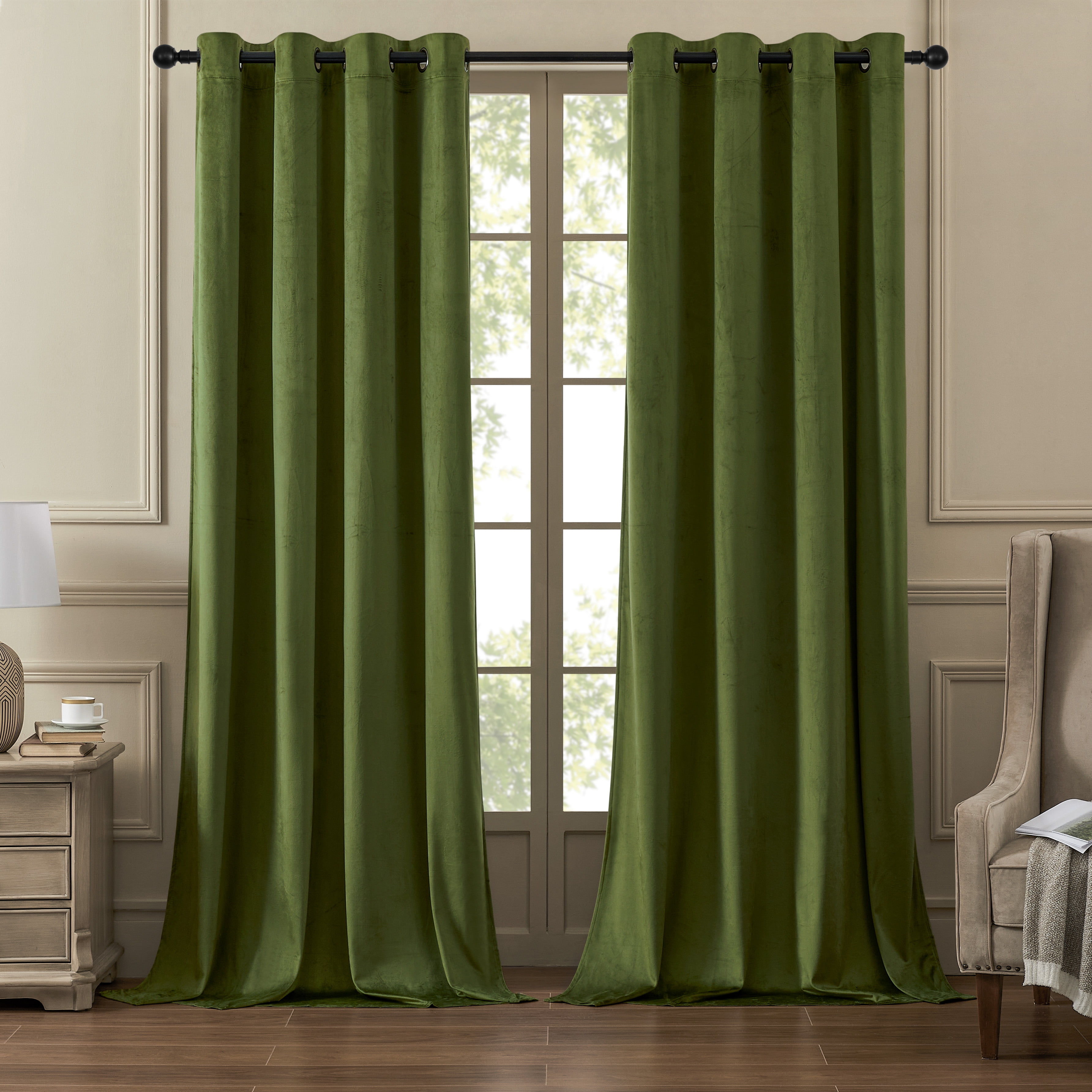 Sage Green Velvet Room Darkening Curtain Panels with Grommets, 52" x 96"