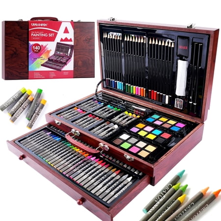 AUREUO 140-Piece Deluxe Art Set with Wooden Case - Watercolors, Oil Pastels, Colored Pencils, Crayons & Brushes