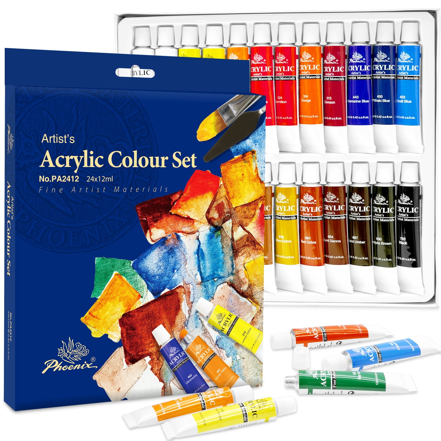 PHOENIX 24 Colors Acrylic Paint Set, 12ml Tubes Craft Art Painting Supplies  for Adults Kids Artists