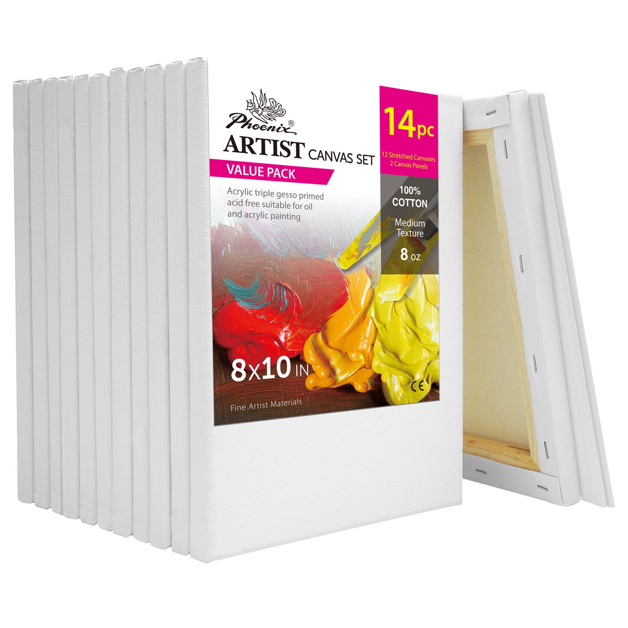 Phoenix 8x10 in White Blank Cotton Stretched Canvas & Canvas Panel Painting Set for Kids & Adults, Size: 8x10/12+2