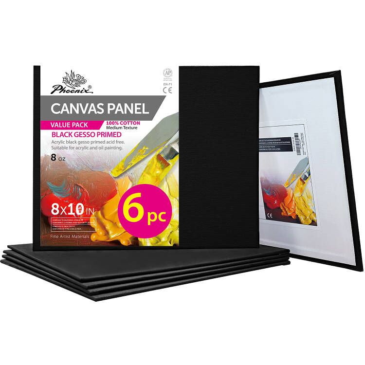 PHOENIX Black Canvas Panels 8x10 Inch, 6 Pack 8 Oz Triple Primed 100