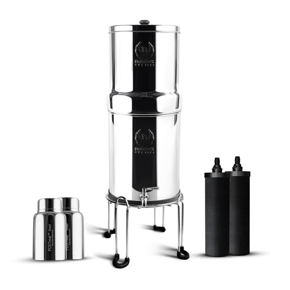PHOENIX GRAVITY 1.5 Gallon Stainless Steel Gravity Water Filter | AISI 304 | NSF/ANSI 42 & 372 Certified 2 Smart Carbon Cartridges 2 Postreat Fluoride Removal Cartridges and Stainless Steel Stand
