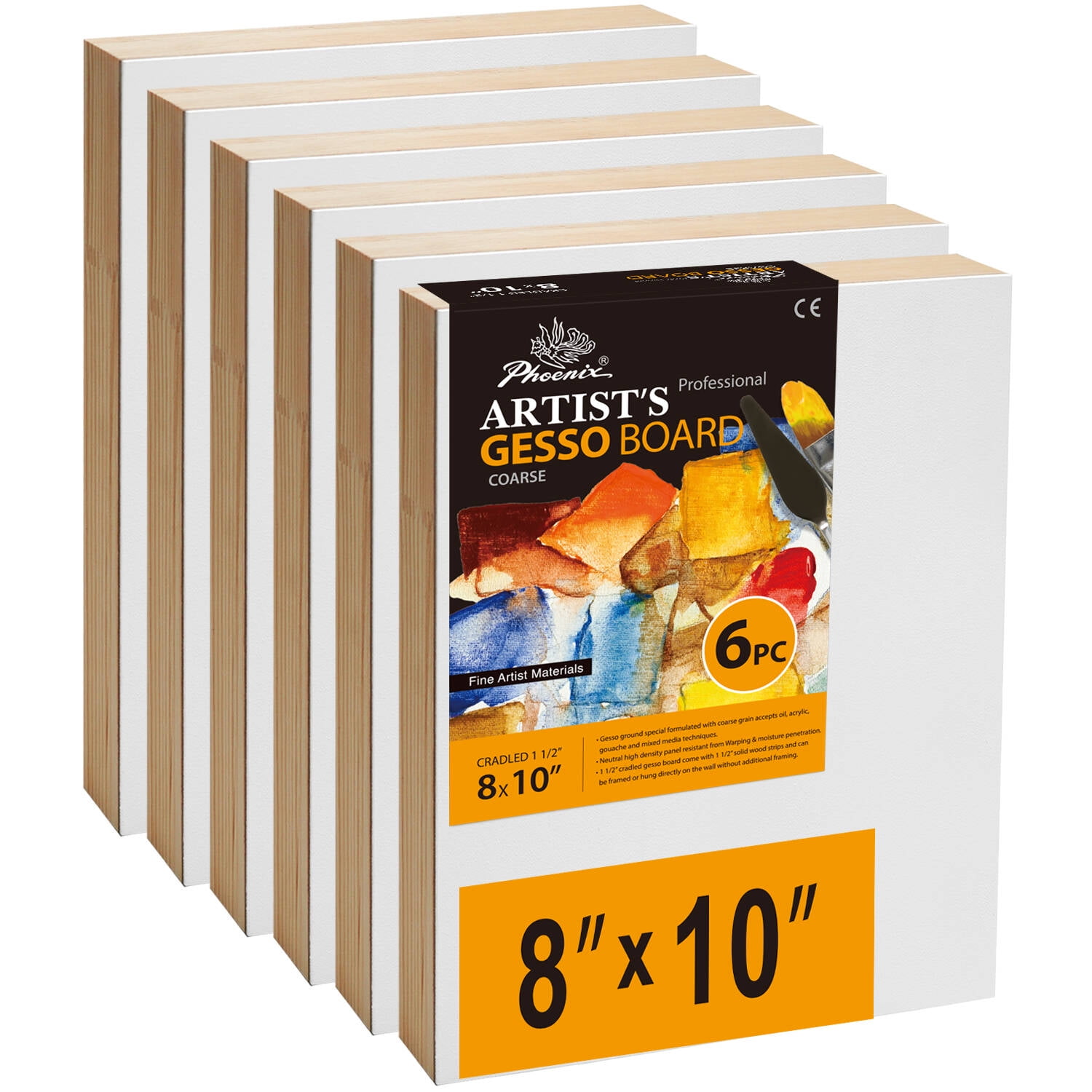 PHOENIX Gesso Boards for Painting 8x10 Inch / 6 Pack Coarse Surface 1 1/2 Inch Gallery Thick