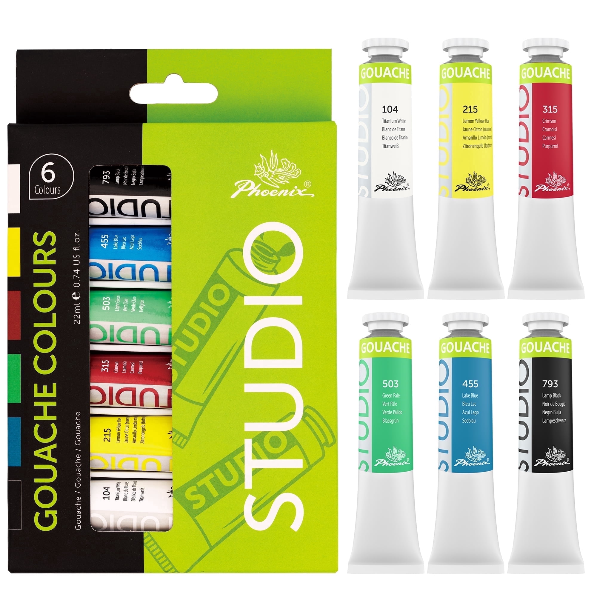PHOENIX Gouache Paint Tubes - 6x22ml / 0.74 fl oz Non-Toxic Gouache Painting Supplies Art Paints Set for Adults, Beginners, Students