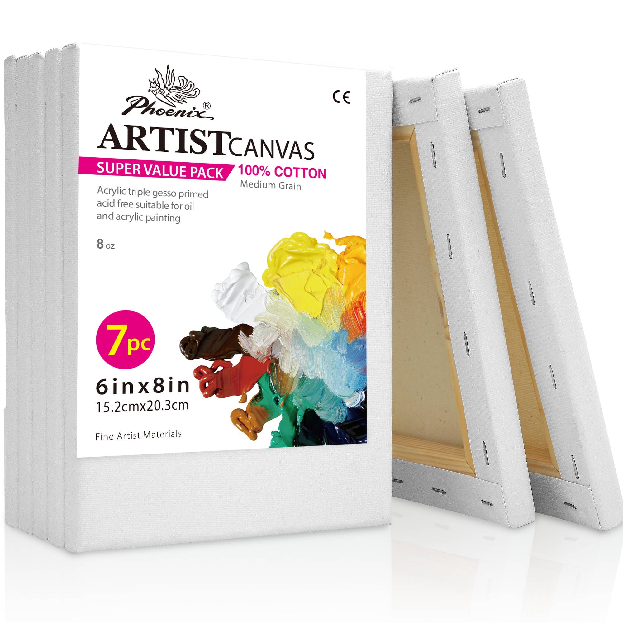 PHOENIX 24x24 Inch / 4 Pack Stretched Canvases - Professional Level 3/4  Inch Profile 100% Cotton Heavy Weight Gesso Triple Primed White Blank Extra