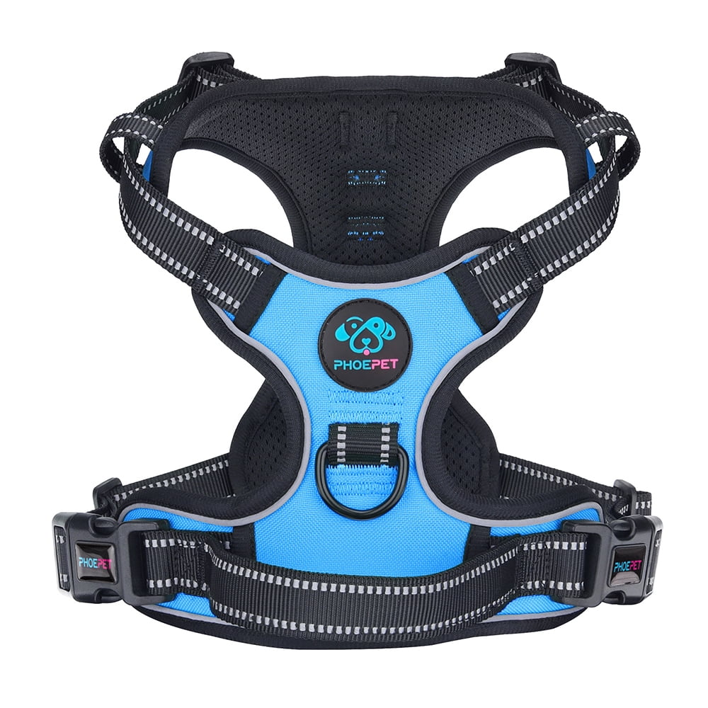 PHOEPET No Pull Dog Harness Medium Reflective Front Clip Vest with Handle, Adjustable 2 Metal Rings 2 Buckles,Blue