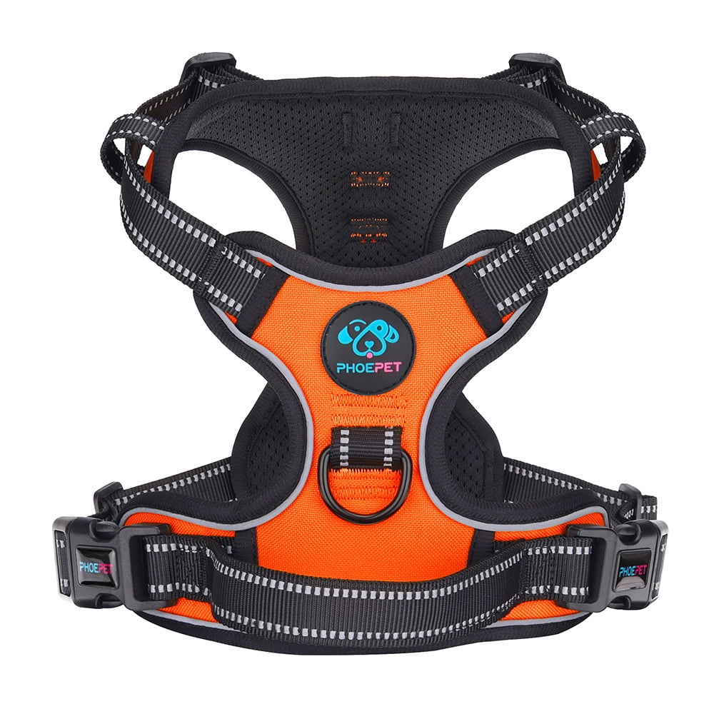 PHOEPET No Pull Dog Harness Medium Reflective Front Clip Vest with Handle, Adjustable 2 Metal Rings 2 Buckles,Orange