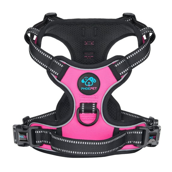 PHOEPET No Pull Dog Harness Medium Reflective Front Clip Vest with Handle, Adjustable 2 Metal Rings 2 Buckles,Pink