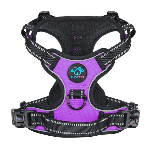 PHOEPET No Pull Dog Harness Medium Reflective Front Clip Vest with Handle, Adjustable 2 Metal Rings 2 Buckles,Purple