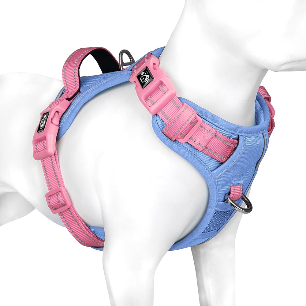 PHOEPET No Pull Dog Harness, Unique Colors Reflective Adjustable Dog Vest, with Soft Training Handle Metal Clips for Small Medium Large Dogs (Baby Blue Base & Pink Straps)