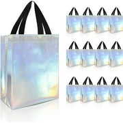 PHOGARY 12 Pack Iridescent Gift Bags with Handles, Reusable Goodie Bags Medium Size, Non-Woven Iridescent Party Favor Bags, Birthday Holographic Gift tote bag, Disco Bachelorette Party Bags
