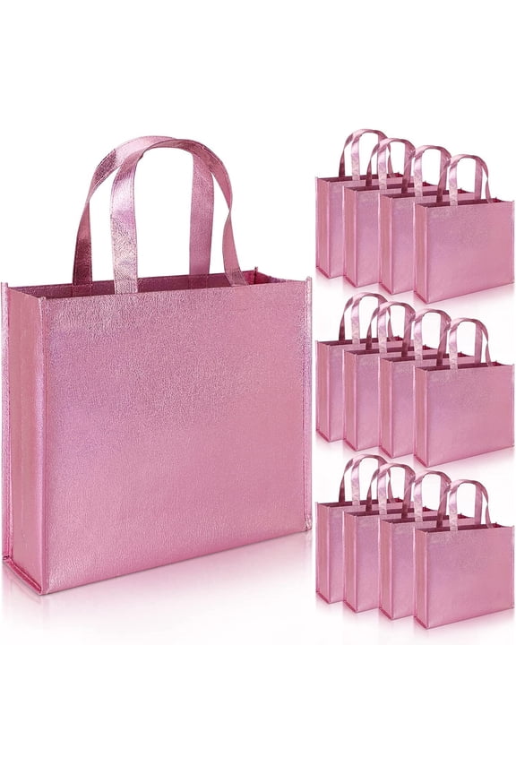 12 Pack Large Gift Bags with Handles, Stylish Party Bags for Birthday Bachelorette Wedding Party Favor Bridal Shower Wrap, Reusable Goodie Bags, Non-woven Fabric, Pink