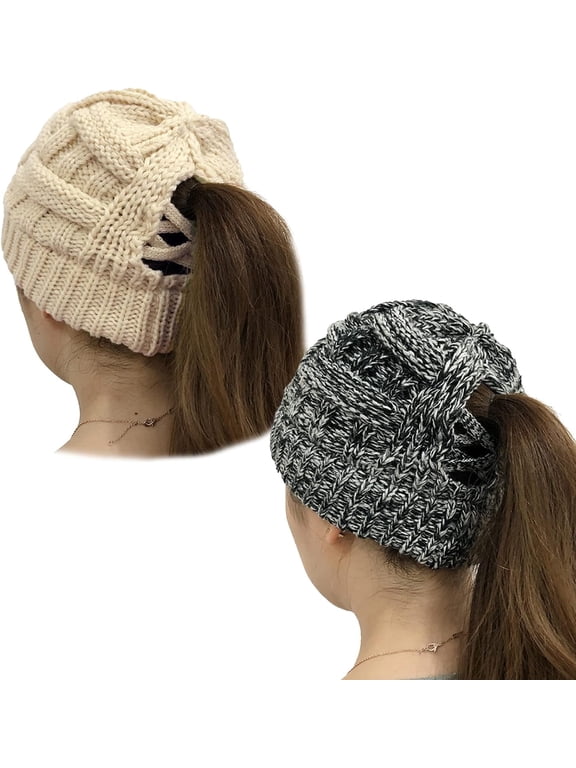 2 Pack Ponytail Hats for Women Criss Cross Winter High Messy Bun Beanie Hat with Ponytail Hole (Colorful Black & Rice)