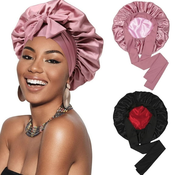 PHOGARY 2 Pack Satin Bonnet Silk Bonnet for Sleeping Silk Sleep Cap Double Layer Hair Bonnet with Elastic Tie Band for Curly Hair Night Cap