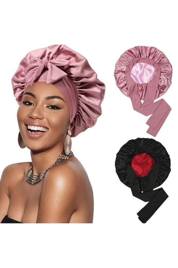 2 Pack Satin Bonnet Silk Bonnet for Sleeping Silk Sleep Cap Double Layer Hair Bonnet with Elastic Tie Band for Curly Hair Night Cap