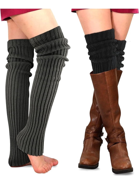 2 Pairs Winter Leg Warmers Thigh High Socks Over Knee Footless Socks Knitted Long Boot Cuffs Topper Socks for Women