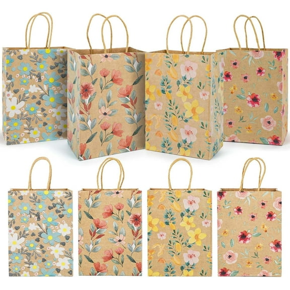 PHOGARY 24pcs Kraft Paper Bags, 8.3 x 5.9 in Floral Pattern Brown Birthday Gift Bag Party Favour Bag with Handles, Grocery Treat Goodie Candy Gift Wrap Bags for Birthday, Wedding Party Supplies