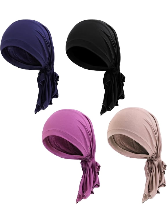 4 Pack Bamboo and Cotton Chemo Headwear for Women, Pre-Tied Bandana Muslim Beanie Turban Head Scarf for Chemo Hair Loss Cancer Patients Sleep Caps