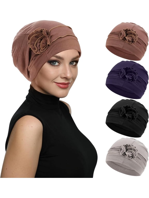 4 Pack Chemo Headwear Turbans Cap Beanie Hat Head Wraps Hair Coverings for Women Sleep Cap Chemo Cancer Hat with Flower Design