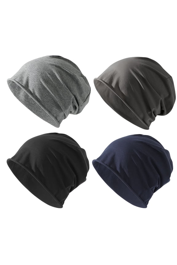 4 Pack Cotton Slouchy Beanie Hat for Men Women, Lightweight Oversize Large Thin Skull Cap Chemo Cap Night Sleeping Cap, 4 Colors