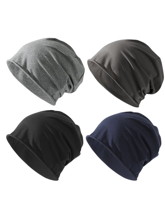 4 Pack Cotton Slouchy Beanie Hat for Men Women, Lightweight Oversize Large Thin Skull Cap Chemo Cap Night Sleeping Cap, 4 Colors