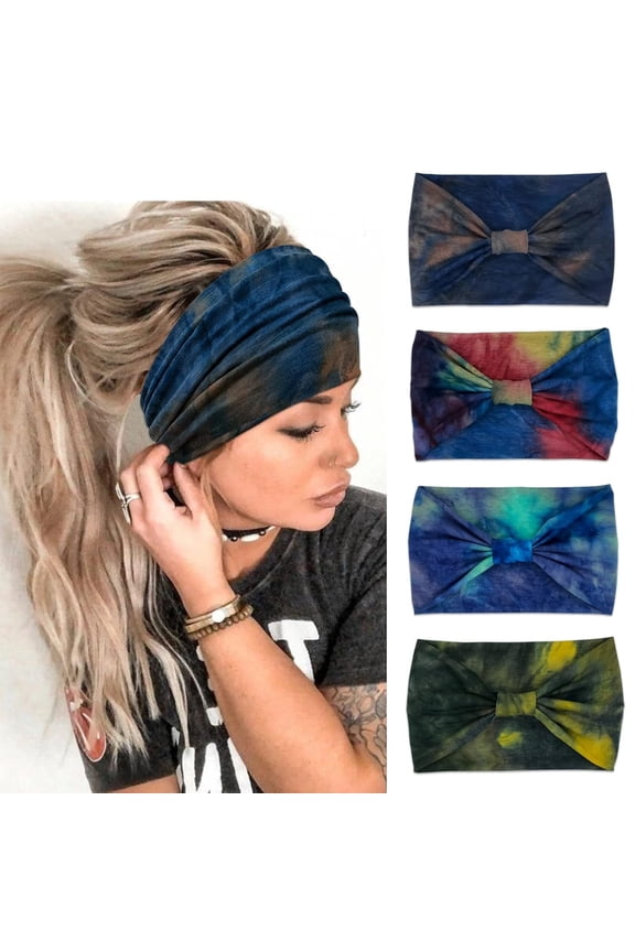 4 Pack Wide Boho Headbands for Women Fashion Knotted Headband Yoga Workout Hair Accessories African Head Wrap Blue Tie Dye