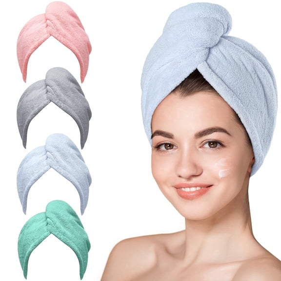 PHOGARY 4 Packs Microfiber Hair Towel Wrap, Fast Drying Hair Towels for Women, Soft Lightweight Quick Dry Turban for Curly & Long Hair (Blue/ Grey/ Pink/ Green)