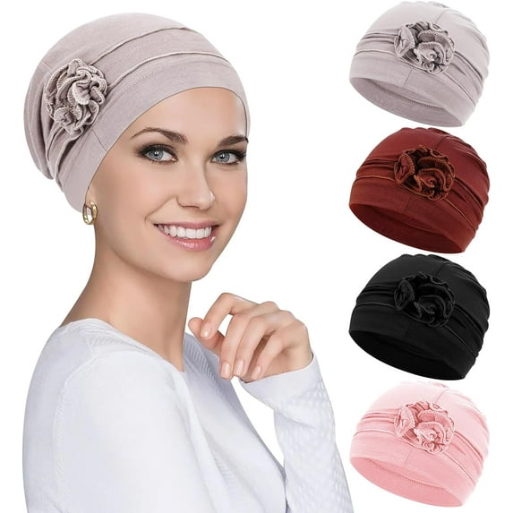 PHOGARY 4pcs Chemo Headwear Turbans Cap Beanie Hat Head Wraps Hair Coverings for Women Sleep Cap Chemo Cancer Hat with Flower Design (4 Colors)