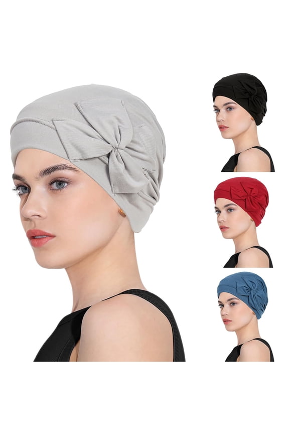 4pcs Chemo Headwear Turbans Cap Beanie Hat Head Wraps Hair Coverings for Women Sleep Cap Chemo Cancer Hat with Flower Design (4 Colors)