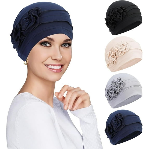 PHOGARY 4pcs Chemo Headwear for Women, Turbans Cap Beanie Hat Head Wraps Hair Coverings for Women, Women's Sleep Caps Chemo Cancer Hat with Flower Design