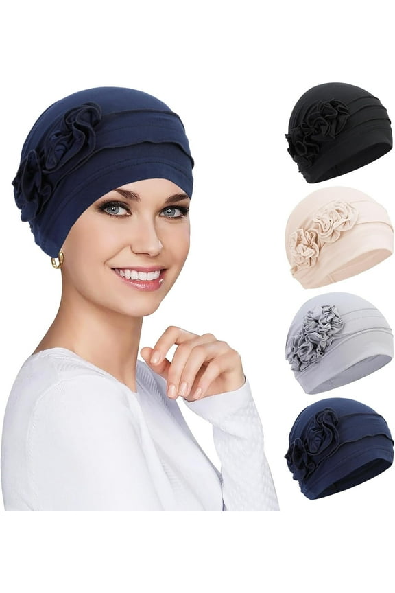 4pcs Chemo Headwear for Women, Turbans Cap Beanie Hat Head Wraps Hair Coverings for Women, Women's Sleep Caps Chemo Cancer Hat with Flower Design