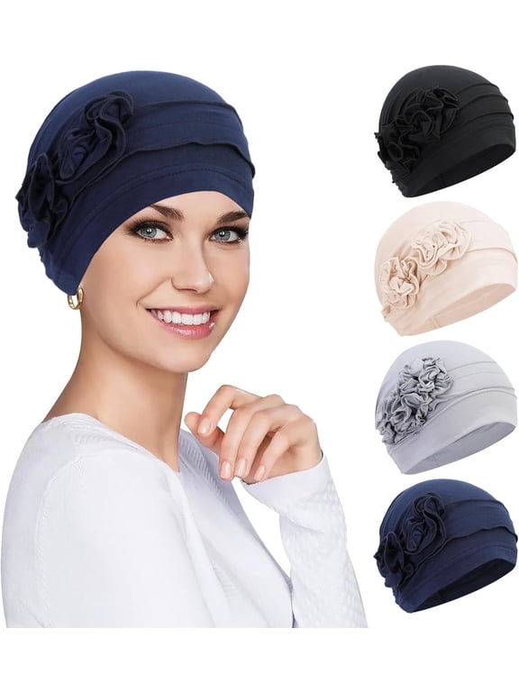 4pcs Chemo Headwear for Women, Turbans Cap Beanie Hat Head Wraps Hair Coverings for Women, Women's Sleep Caps Chemo Cancer Hat with Flower Design