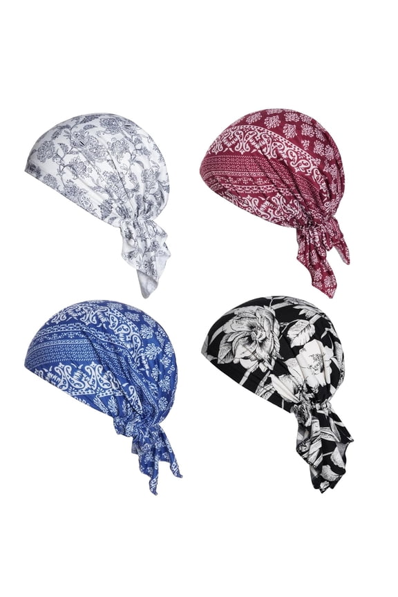4pcs Pre-Tied Chemo Head Scarf Beanie Covers Cap Head Scarves Sleep Turban Hat Women Bandana with Stretch Print Ruffle