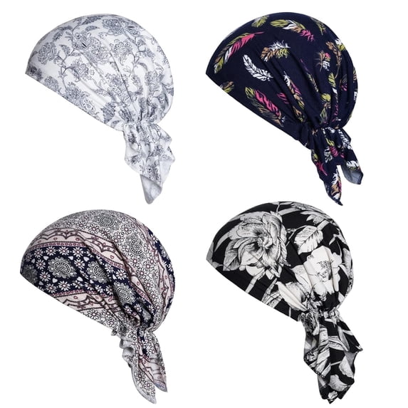 PHOGARY 4pcs Pre-Tied Chemo Head Scarf Beanie Covers Cap Head Scarves Sleep Turban Hat Women Bandana with Stretch Print Ruffle