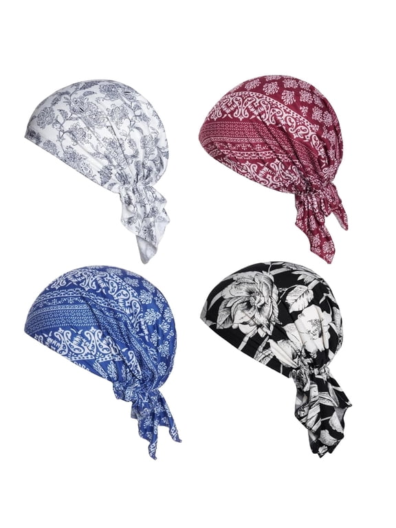 4pcs Pre-Tied Chemo Head Scarf Beanie Covers Cap Head Scarves Sleep Turban Hat Women Bandana with Stretch Print Ruffle