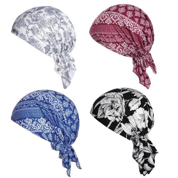 BEIPEGIN 4pcs Pre-Tied Chemo Head Scarf Beanie Covers Cap Head Scarves Sleep Turban Hat Women Bandana with Stretch Print Ruffle