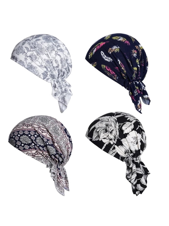 4pcs Pre-Tied Chemo Head Scarf Beanie Covers Cap Head Scarves Sleep Turban Hat Women Bandana with Stretch Print Ruffle