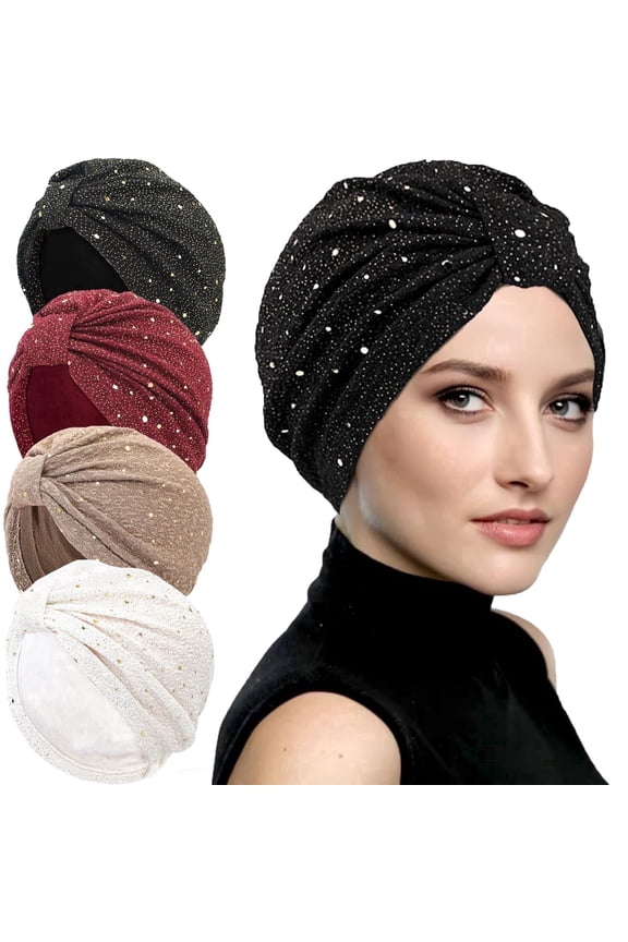 4pcs Sequin Chemo Headwear Turbans Cap, Stretchy Glitter Pre-Tied Headwrap Hair Coverings for Women Sleep Cap Chemo Cancer Hat (4 Colors)