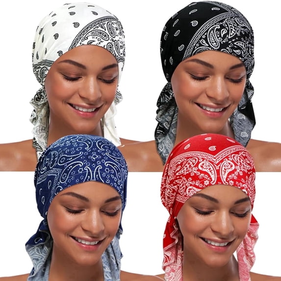PHOGARY 4pcs Women Chemo Hat Turban Beanie, Pre-Tied Headwraps Turbans Cap Beanie Hat Head Wraps Hair Coverings for Women, Women's Sleep Caps Chemo Cancer Hat
