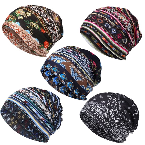 BEIPEGIN 5pcs/set Women's Slouchy Beanie Chemo Hat Stretch Cancer Head Wraps Sleep Head Scarf for Cancer Patient