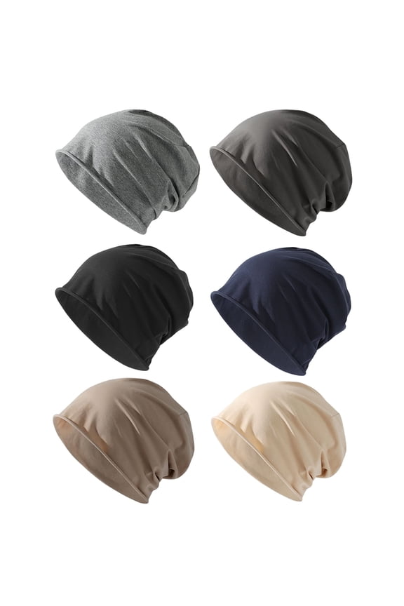 6 Pack Cotton Slouchy Beanie Hat for Men Women, Lightweight Oversize Large Thin Skull Cap Chemo Cap Night Sleeping Cap, 6 Colors