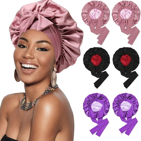 PHOGARY 6 Pack Satin Bonnet Silk Bonnet for Sleeping Silk Sleep Cap Double Layer Hair Bonnet with Elastic Tie Band for Curly Hair Night Cap