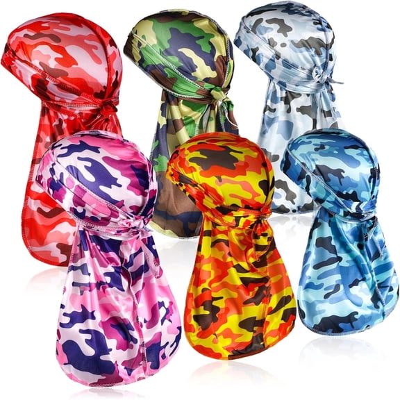 BEIPEGIN 6 Pack Silky Durag with Long Tail and Wide Straps Colorful 360 Waves Doo Rags Durag Cap for Men and Women Hip Hop Rapper