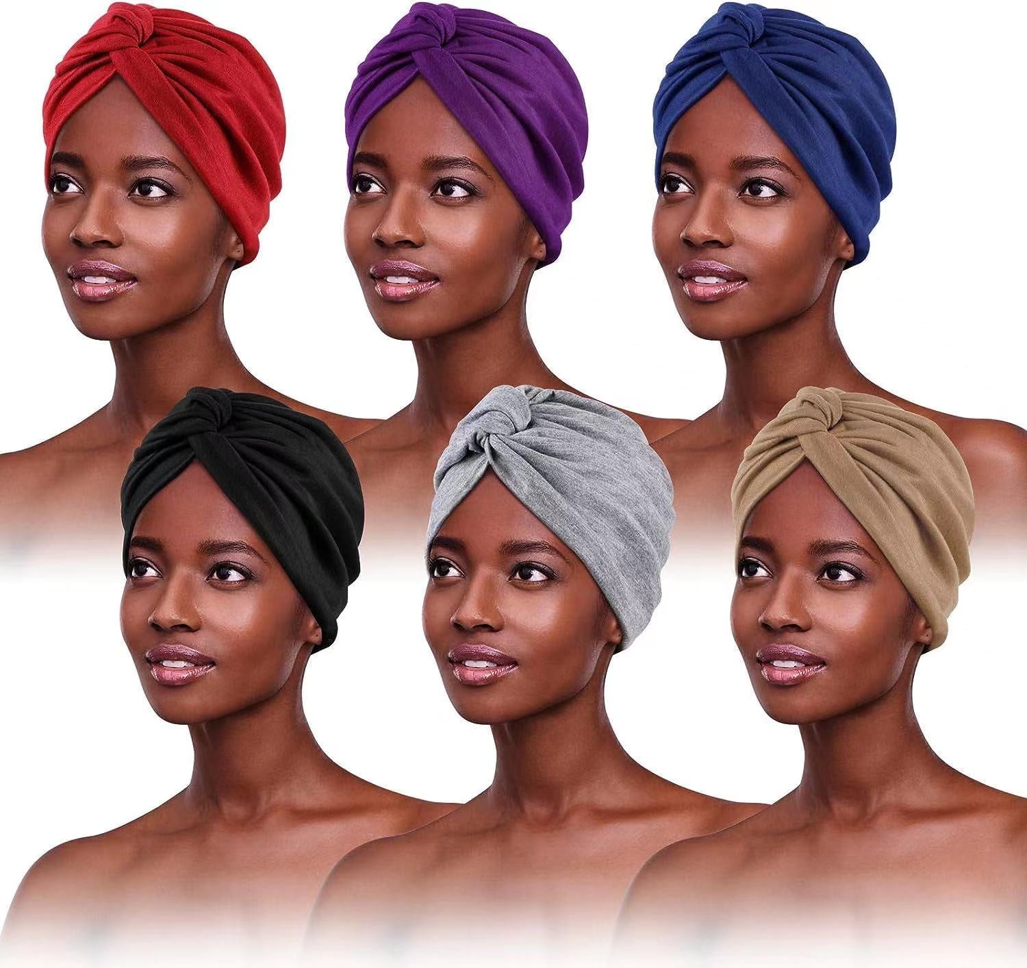 6 Packs Cotton Turbans for Women Pre-Tied Knot Beanie Hats, Set of 6