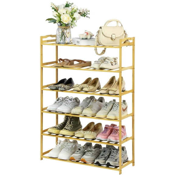 PHOGARY 6-Tier Bamboo Shoe Rack for Entryway, Stackable | Heavy Duty | Multi-Function, Free Standing Shoe Racks for Bedroom Hallway Closet